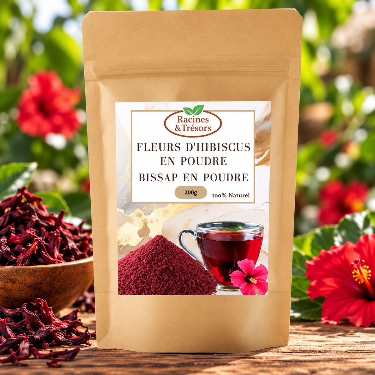 Poudre de Fleurs d'Hibiscus Séchées - Bissap Naturel, 200g