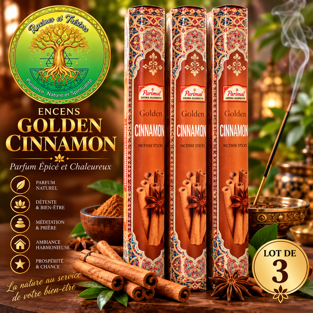 Encens Golden Cinnamon – Cannelle Parimal – Lot de 3