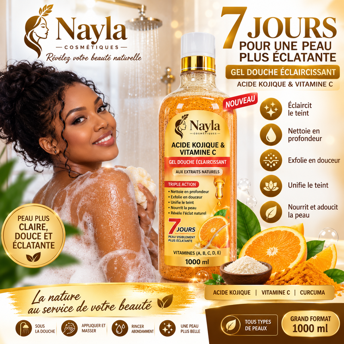 Gel Douche Éclaircissant Acide Kojique & Vitamine C – 1000 ml