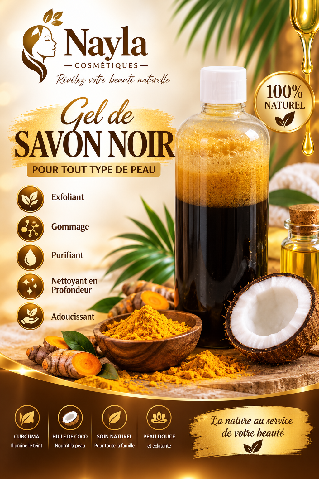 Gel de Savon Noir au Curcuma & Huile de Coco – 500 ml