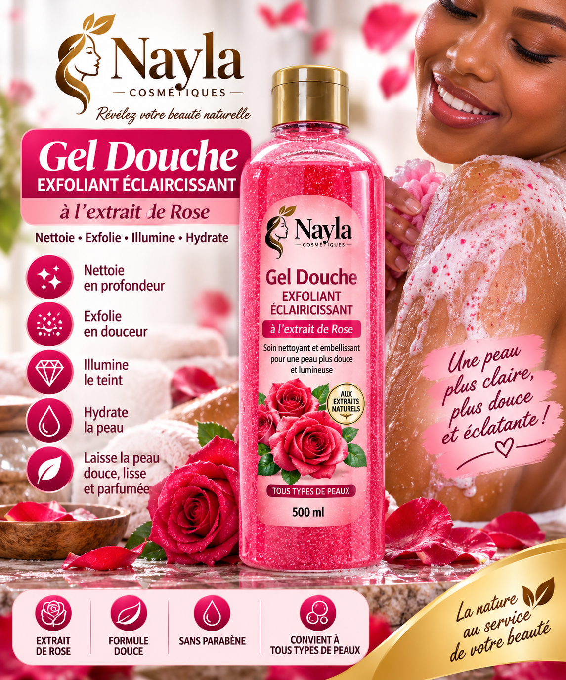 Gel Douche Exfoliant à l'Extrait de Rose – 500 ml